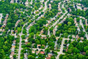 Birds eye view of a suburban neighbourhood.