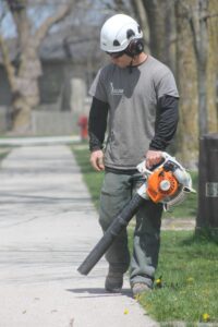 Arborist cleaning the sidewalk after tree care job